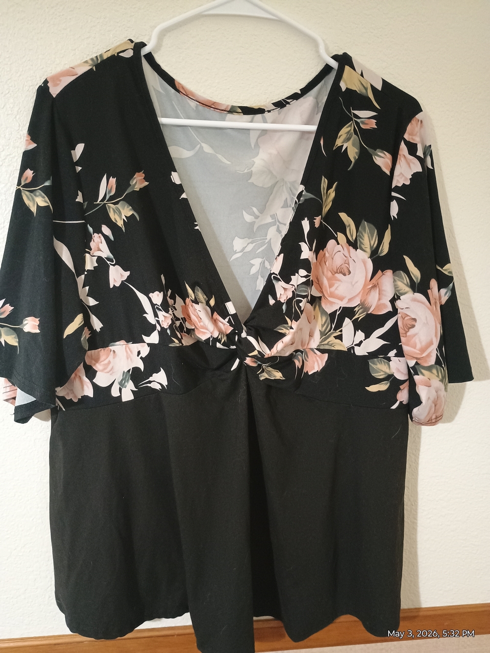 Black Floral V-Neck Twist-Front Blouse with Pink Rose Print